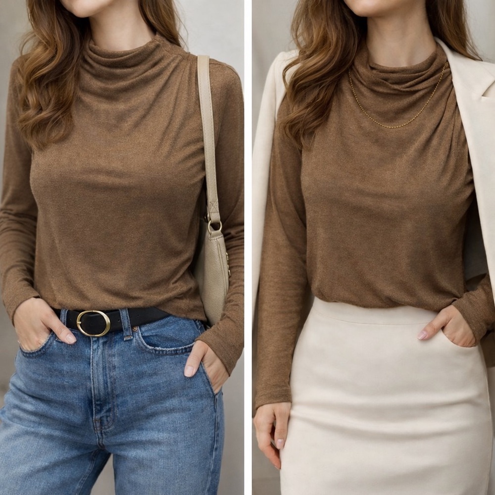 New In Brown Top with Mock Neck and Ruching